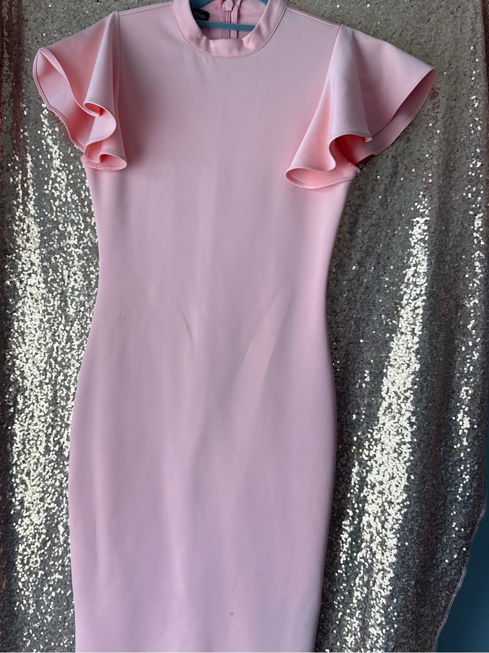 BEBE Peachy Pink Ruffle Sleeve Sheath Dress